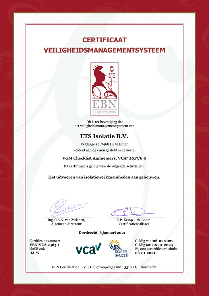 EBN certificaat ETS Isolatie - Muurisolatie - vloerisolatie - dakisolatie - spouwmuurisolatie