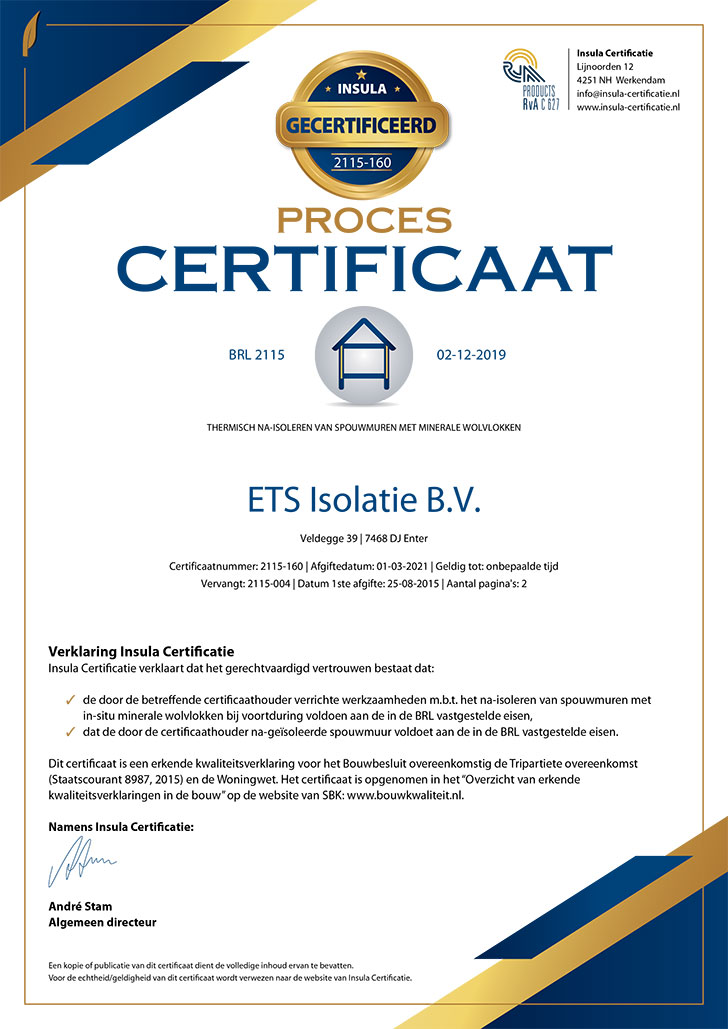 Insula certificaat spouwmuur wolvlokken ETS Isolatie