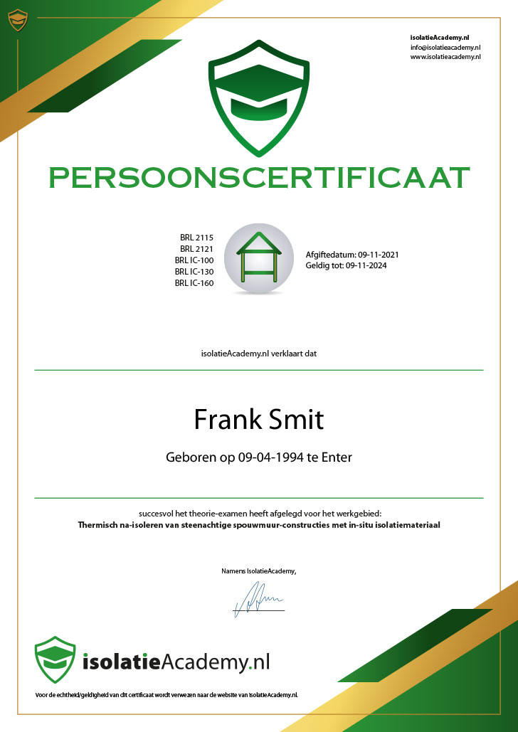 Persoonscertificaat Frank Smit ETS Isolatie