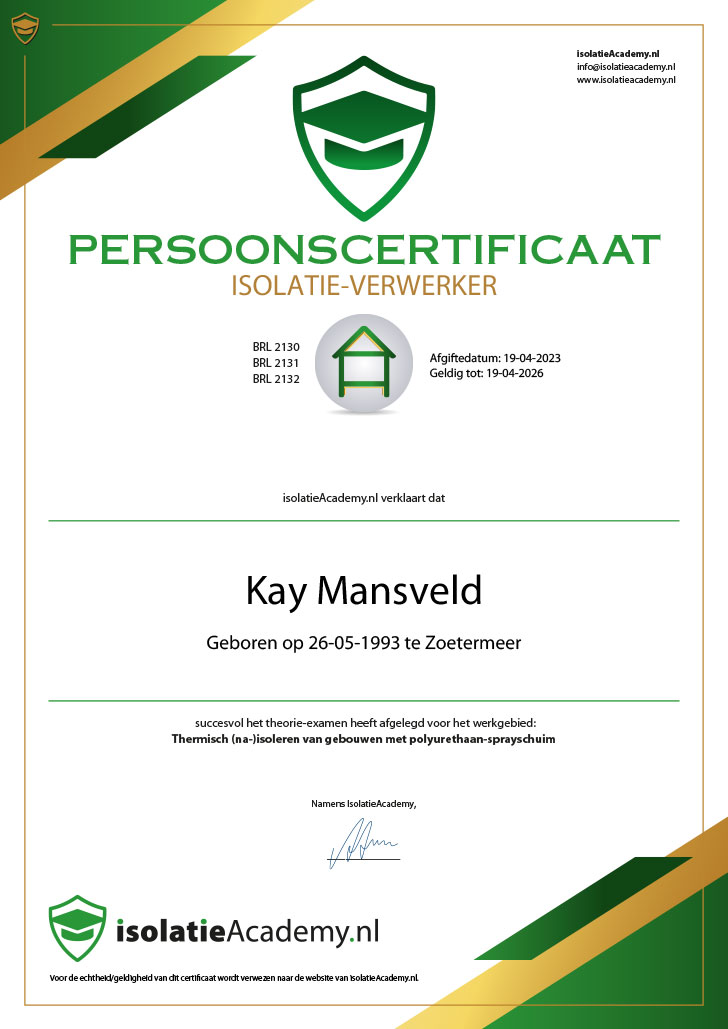 Persoonscertificaat Kay Mansveld ETS Isolatie