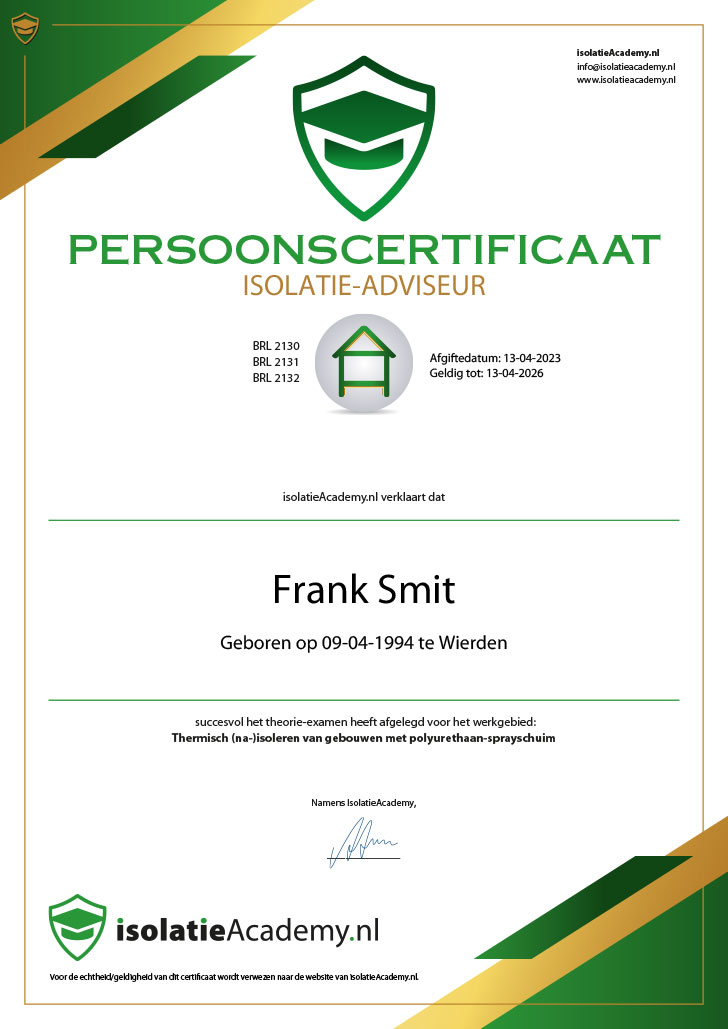 Persoonscertificaat module 1 Frank Smit ETS Isolatie