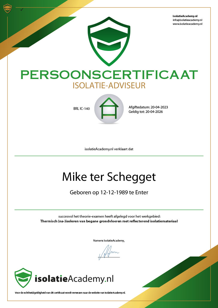 Persoonscertificaat module 3 Mike ter Schegget ETS Isolatie