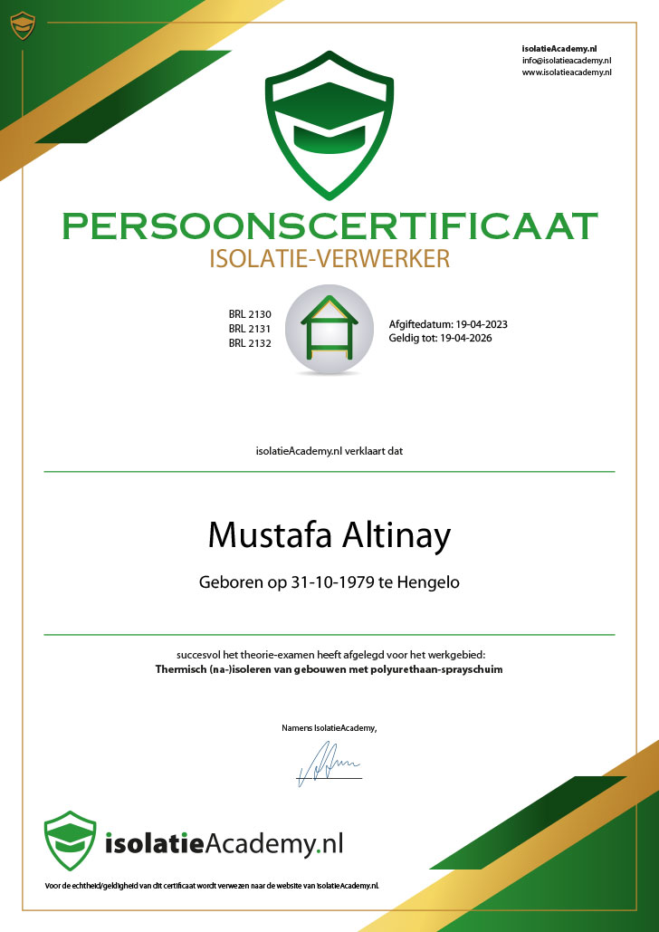 Persoonscertificaat Mustafa Altinay ETS Isolatie