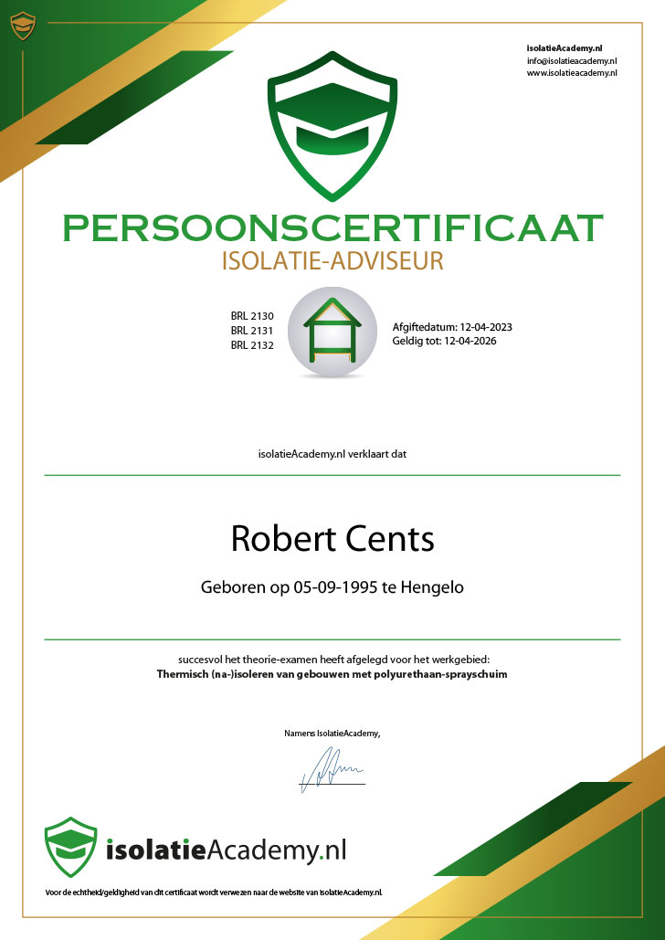 Persoonscertificaat Robert Cents ETS Isolatie