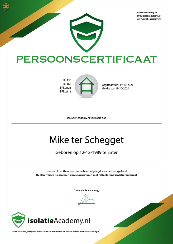 Persoonscertificaat isolatie adviseur Mike Ter Schegget ETS Isolatie